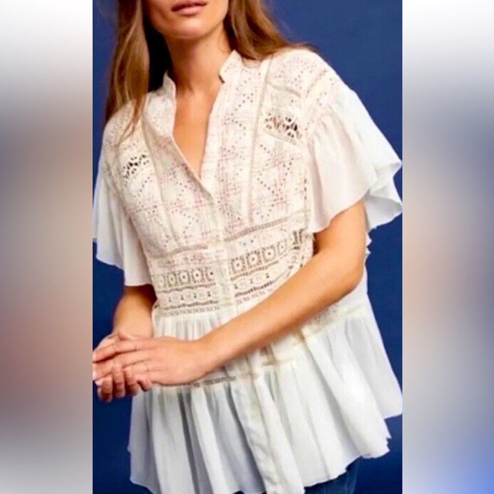 Elegant White Lace Blouse , Anthropology lindy ruffle blouse size small